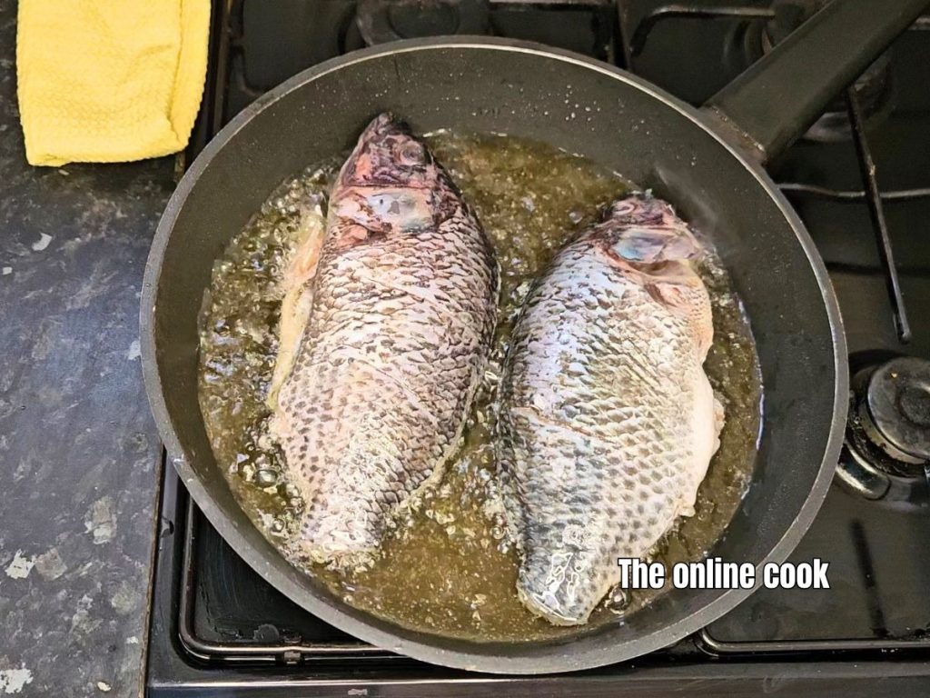 placing seasoned tilapia in hot oil for frying